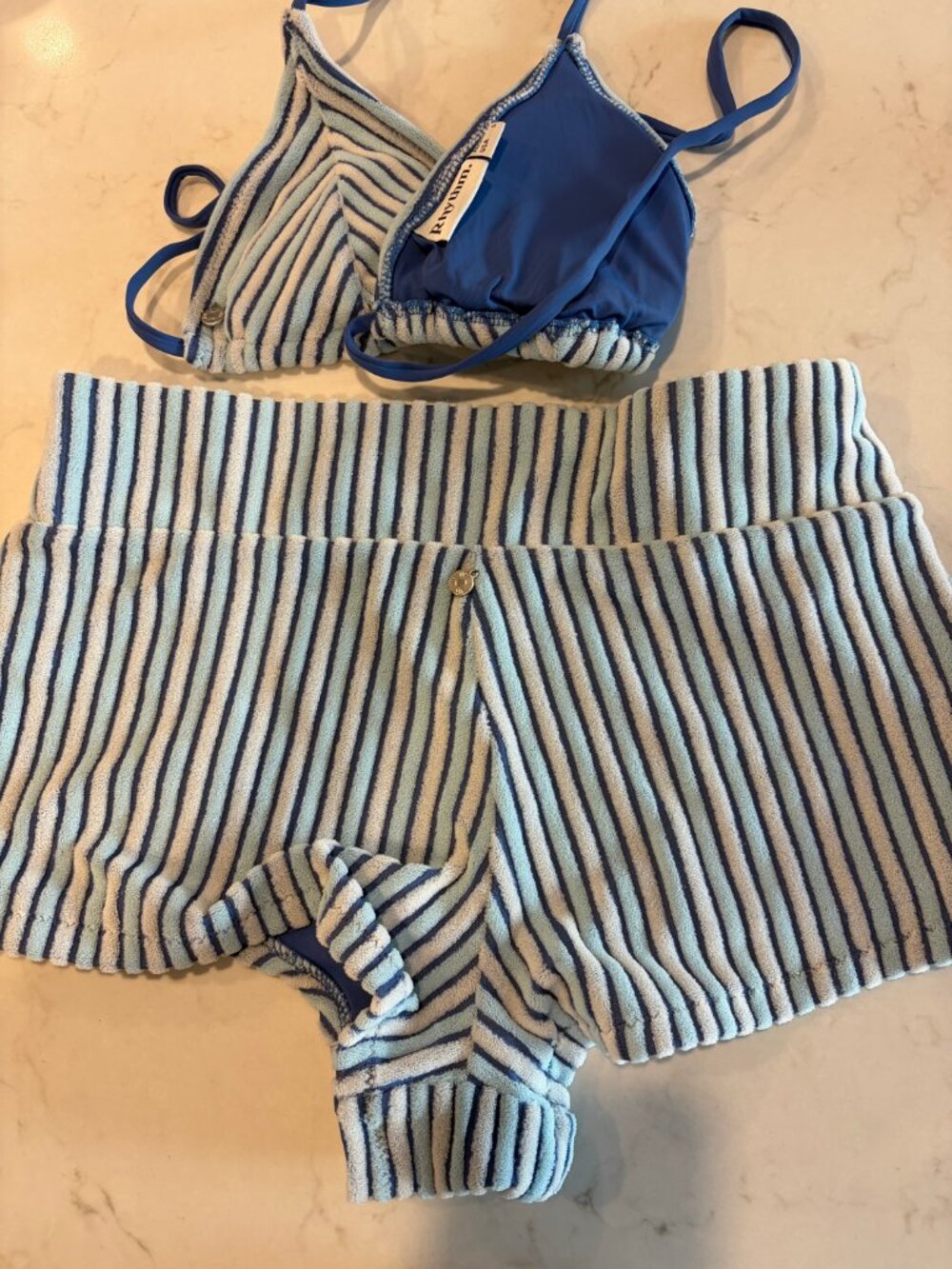 Rhythm Terry Tri Bikini Top + Shorts Set Blue Stripe S